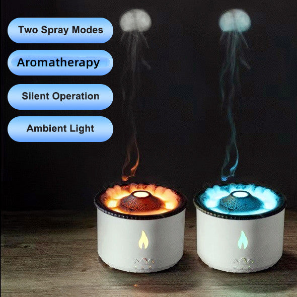 Two volcano humidifiers puffing jellyfish-shaped mist rings, one lit orange and one lit blue